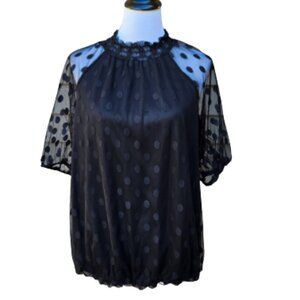 Ember Black Polka-Dot Blouse Mesh Raglan Sheer Sleeves High Neck Dressy